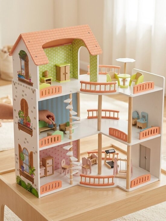 Other - Wooden Dollhouse Playset, 3-Story Montessori Pretend Play Toy